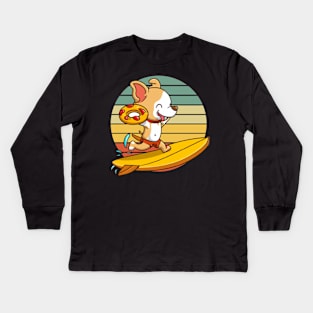 Cartoon Dog Surfing With Pizza Swim Ring Kids Long Sleeve T-Shirt